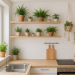 Nowoczesna kuchnia z praktycznie ustawionymi roślinami doniczkowymi – zioła, paprocie, sukulenty na półkach i parapecie