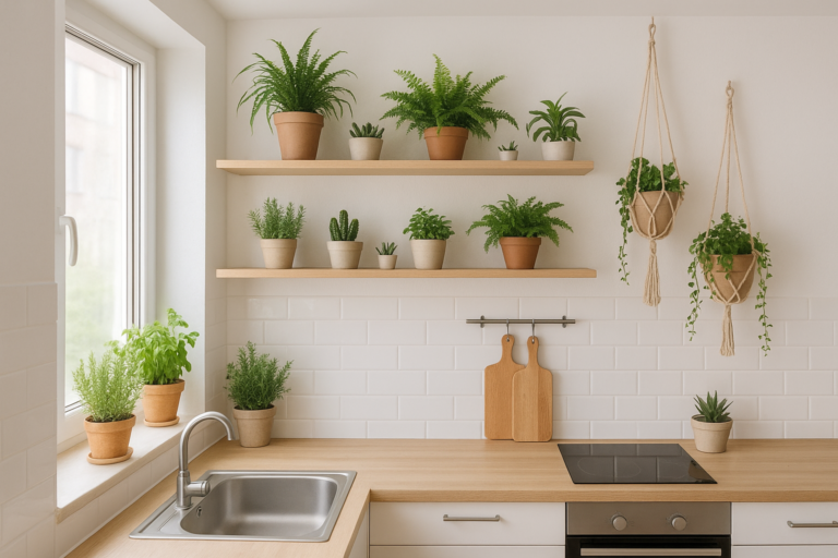 Nowoczesna kuchnia z praktycznie ustawionymi roślinami doniczkowymi – zioła, paprocie, sukulenty na półkach i parapecie