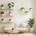 Stylowo wyeksponowane rośliny w małym, jasnym wnętrzu z półkami i wiszącymi doniczkami