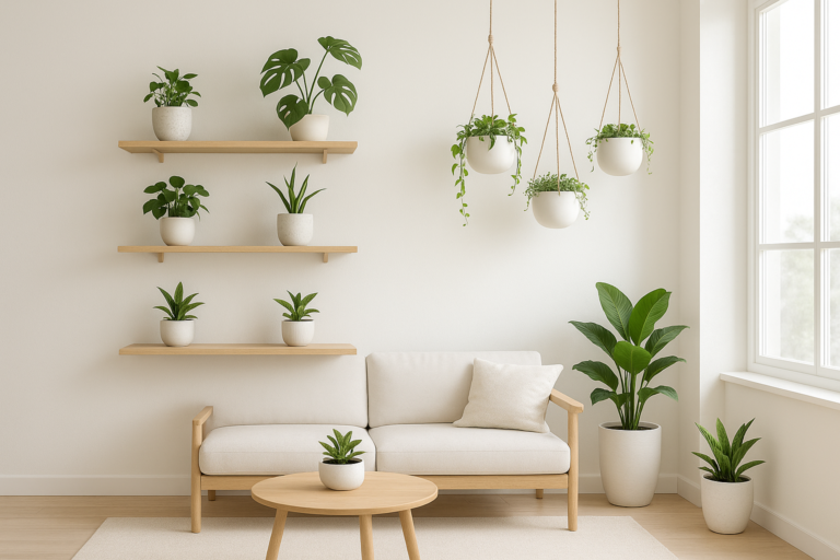Stylowo wyeksponowane rośliny w małym, jasnym wnętrzu z półkami i wiszącymi doniczkami