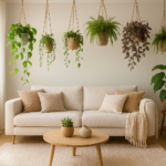 Wiszące doniczki z zielonymi roślinami – epipremnum, paproć, ceropegia – w jasnym, nowoczesnym salonie.