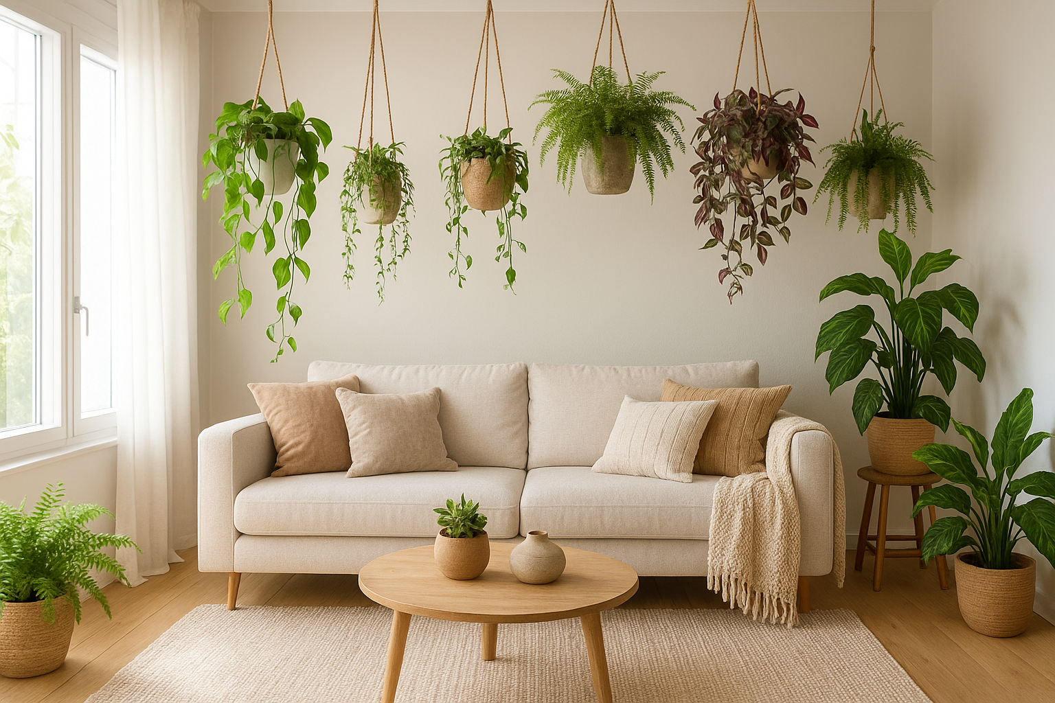 Wiszące doniczki z zielonymi roślinami – epipremnum, paproć, ceropegia – w jasnym, nowoczesnym salonie.