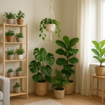 Zielony kącik w mieszkaniu – aranżacja z roślinami doniczkowymi przy oknie, na półkach i kwietnikach, styl skandynawski.