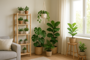 Zielony kącik w mieszkaniu – aranżacja z roślinami doniczkowymi przy oknie, na półkach i kwietnikach, styl skandynawski.