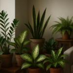 Rośliny doniczkowe odporne na cień – zamiokulkas, sansewieria, skrzydłokwiat i paproć w ciemnym wnętrzu