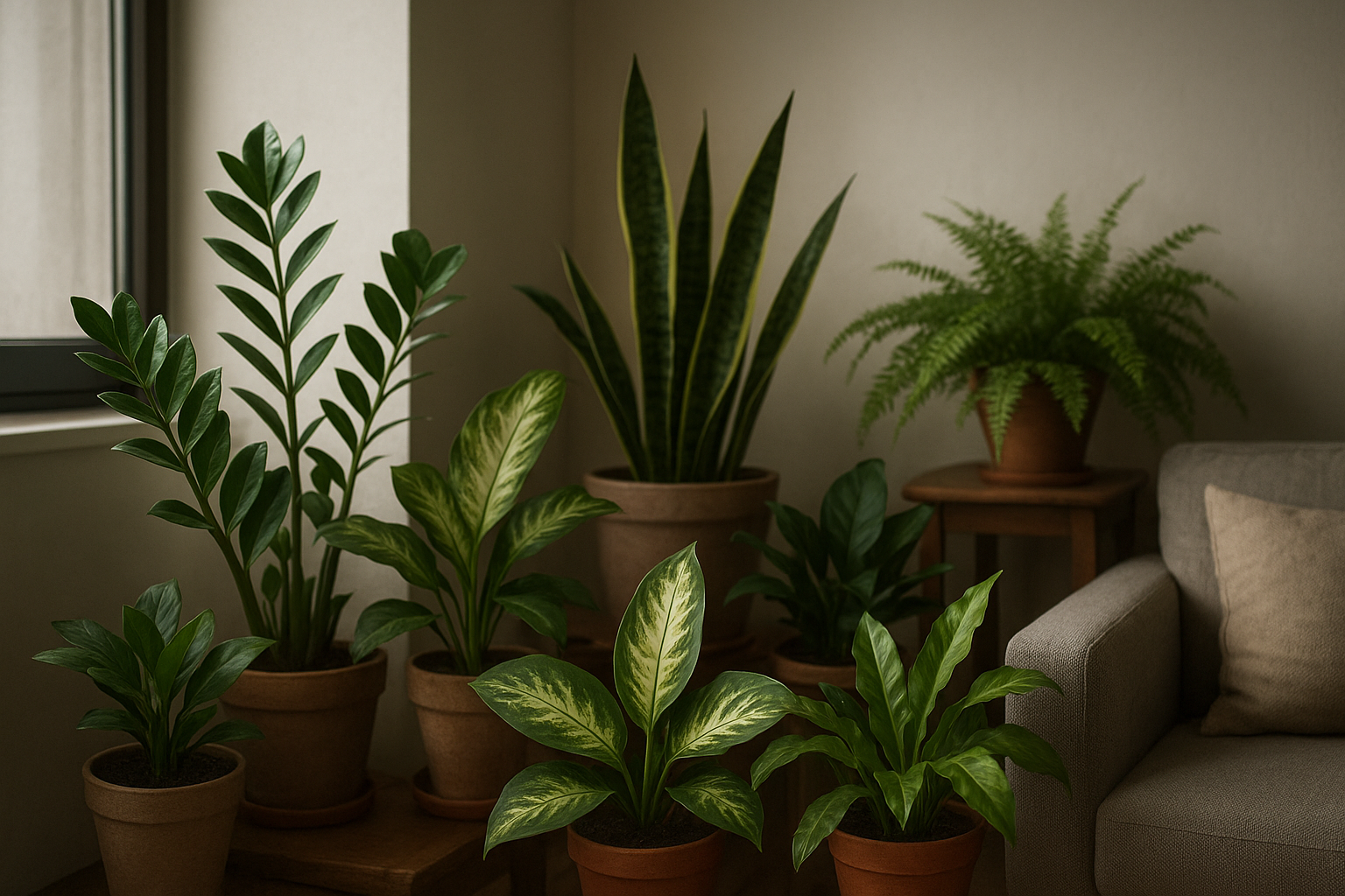 Rośliny doniczkowe odporne na cień – zamiokulkas, sansewieria, skrzydłokwiat i paproć w ciemnym wnętrzu