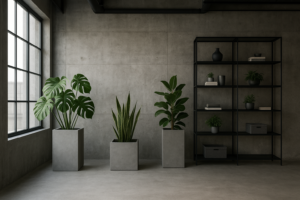 Rośliny doniczkowe w stylu industrialnym – monstera, sansewieria i fikus w betonowej i metalowej przestrzeni loftowej