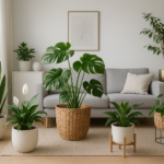 Aranżacja wnętrza z roślinami doniczkowymi w różnych stylowych doniczkach i osłonkach