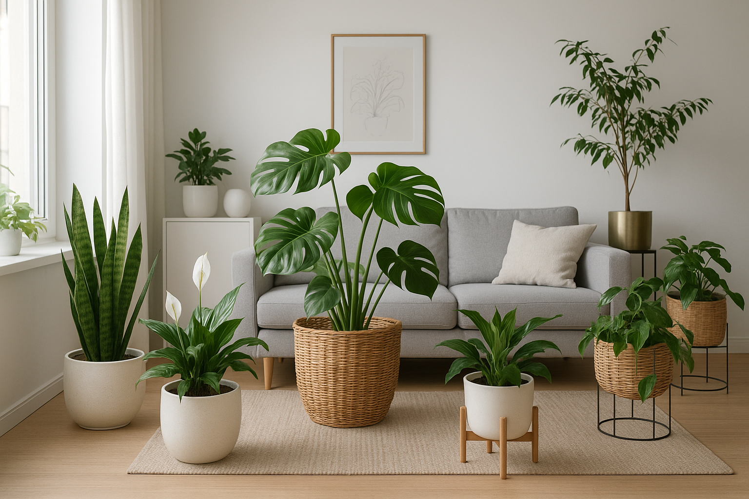 Aranżacja wnętrza z roślinami doniczkowymi w różnych stylowych doniczkach i osłonkach