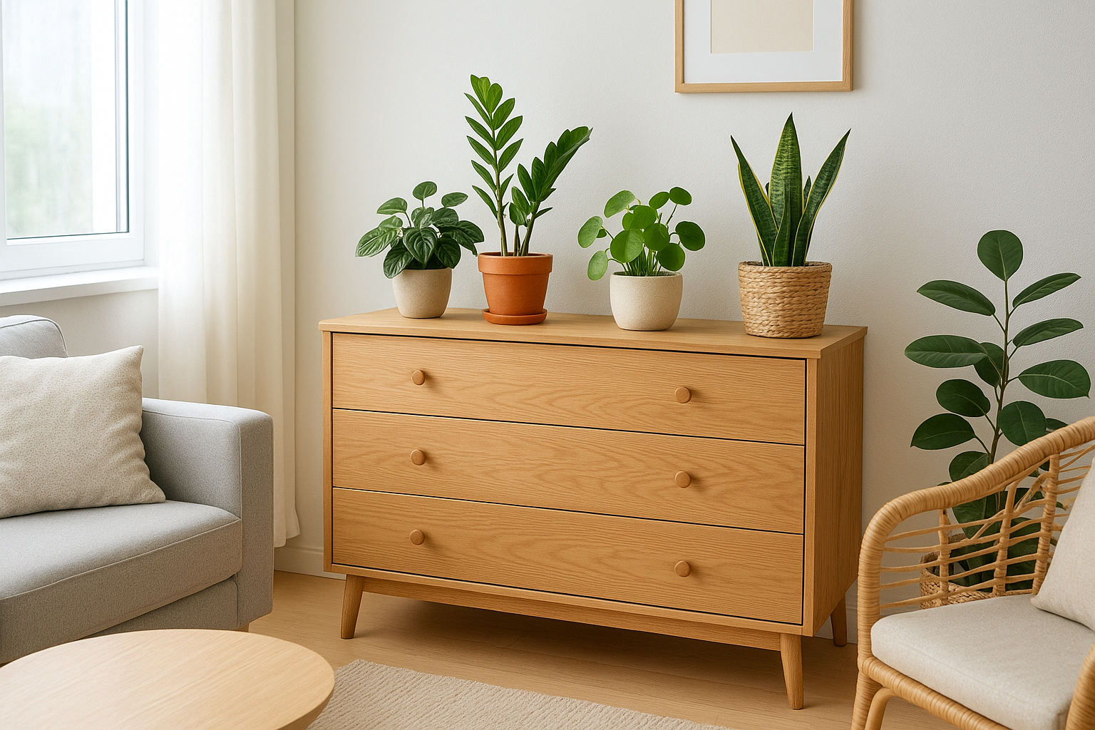Komoda z różnorodnymi roślinami doniczkowymi w jasnym, nowoczesnym wnętrzu