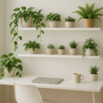 Rośliny doniczkowe na półkach nad biurkiem w jasnym, nowoczesnym biurze