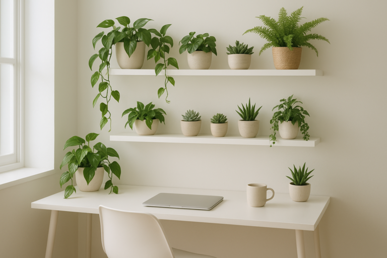 Rośliny doniczkowe na półkach nad biurkiem w jasnym, nowoczesnym biurze