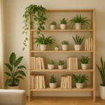 Roślinna biblioteczka z zielonymi roślinami doniczkowymi na półkach z książkami w jasnym, przytulnym wnętrzu.