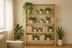 Roślinna biblioteczka z zielonymi roślinami doniczkowymi na półkach z książkami w jasnym, przytulnym wnętrzu.