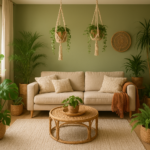 Wnętrze w stylu boho chic z dużą ilością zielonych roślin i makramowymi kwietnikami