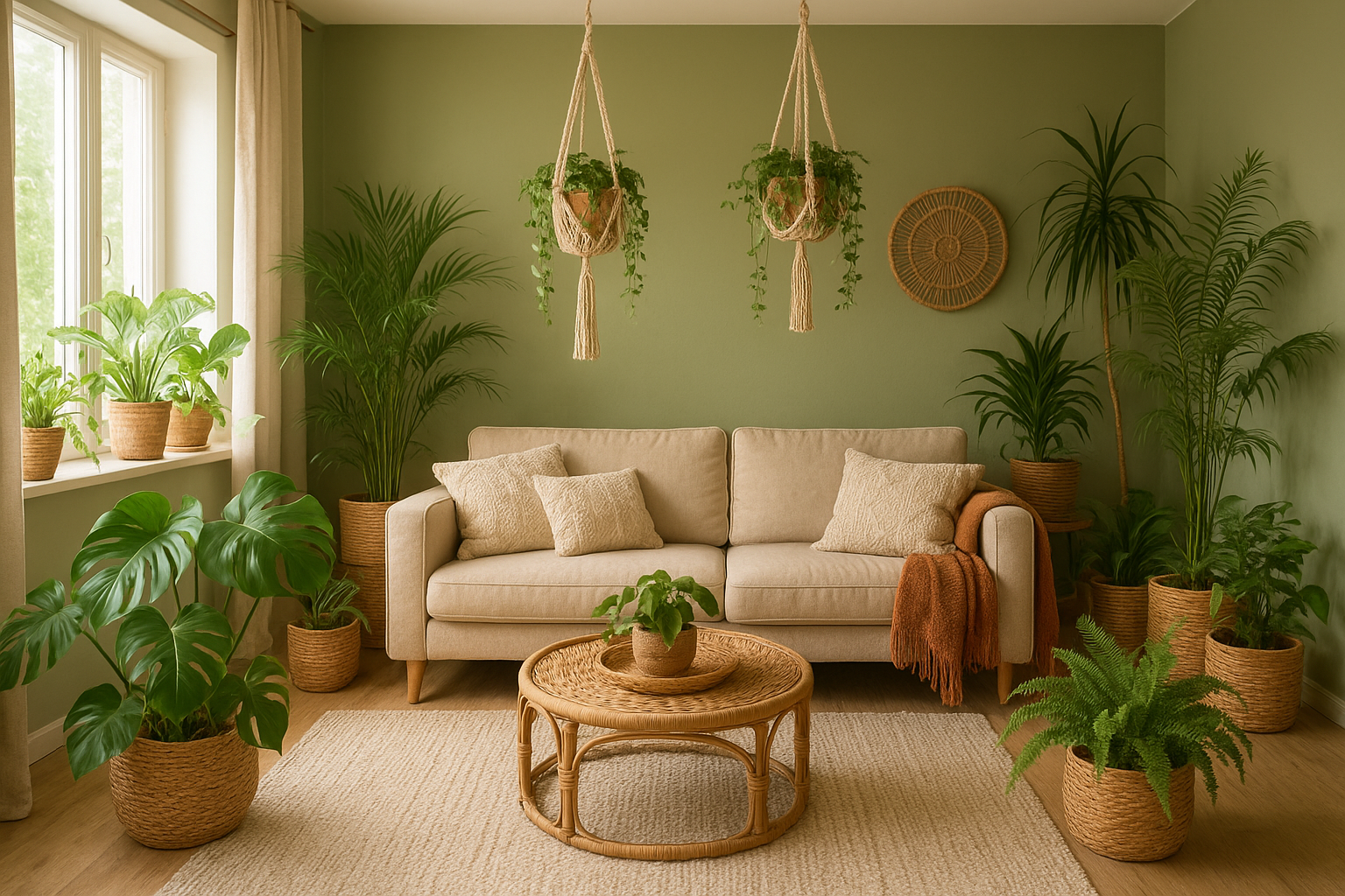 Wnętrze w stylu boho chic z dużą ilością zielonych roślin i makramowymi kwietnikami
