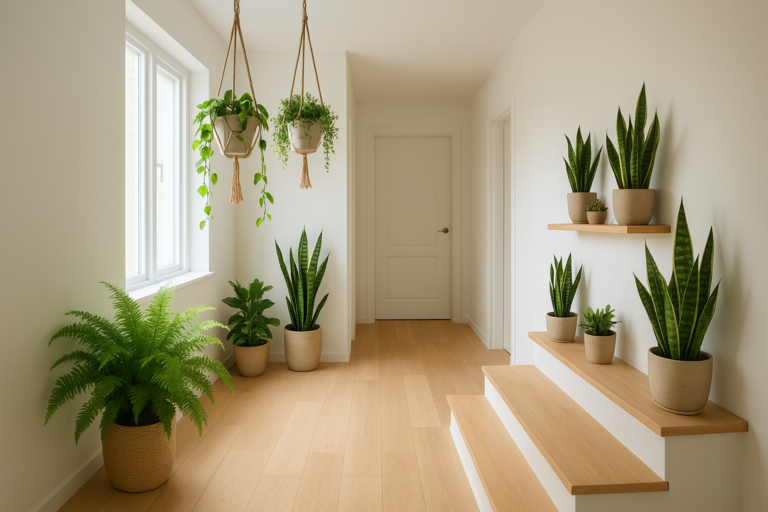 Nowoczesny korytarz ozdobiony roślinami doniczkowymi na półkach, schodach i w wiszących doniczkach