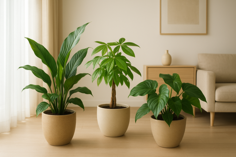 Rośliny doniczkowe w aranżacji feng shui – skrzydłokwiat, pachira i filodendron w jasnym, harmonijnym wnętrzu.