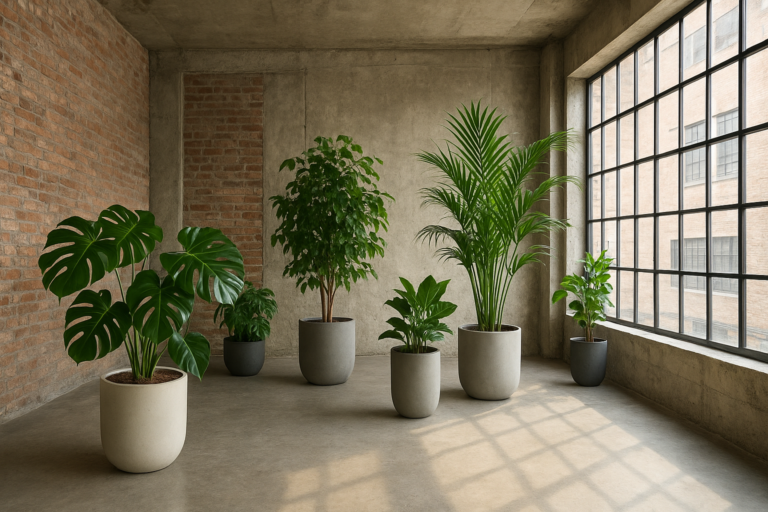 Przestronne wnętrze loftowe z dużymi roślinami doniczkowymi jak monstera i palma na tle ceglanej ściany.