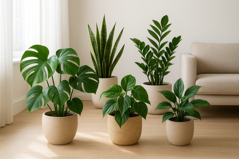 Monstera i filodendron oraz sansewieria i zamiokulkas ustawione razem w nowoczesnym, jasnym wnętrzu