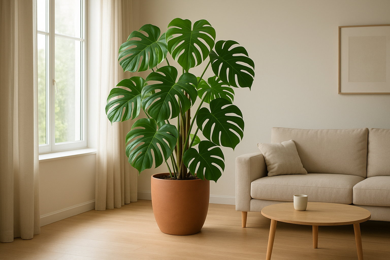 Duża monstera w salonie – inspiracja aranżacji z rośliną XXL
