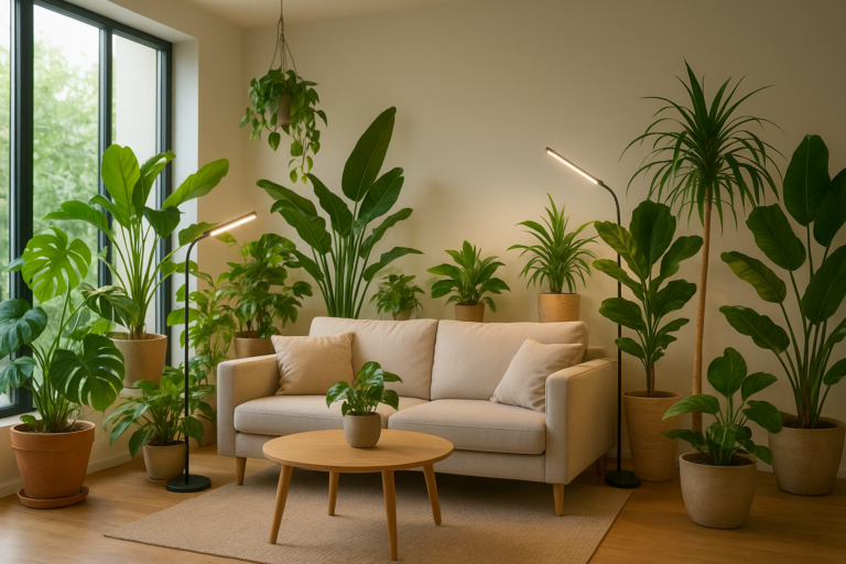 Nowoczesny salon z roślinami doniczkowymi i lampami LED doświetlającymi zieleń
