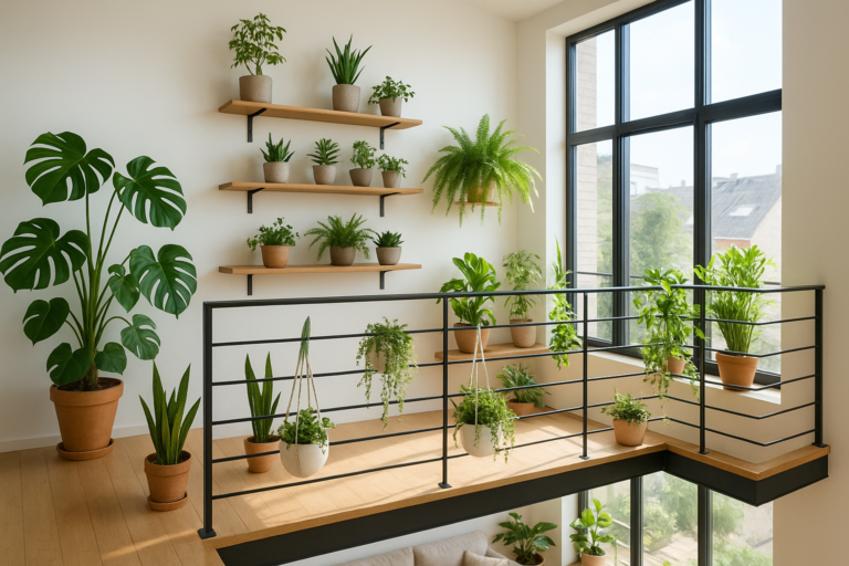 Nowoczesna antresola z roślinami doniczkowymi: monstera, sansewieria, sukulenty i paprocie w jasnym, stylowym wnętrzu.