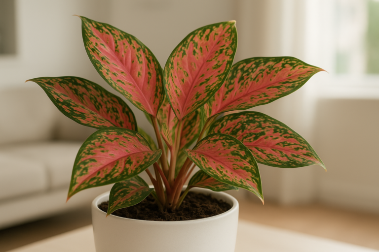 Aglaonema Red Valentine w doniczce – intensywnie różowe i zielone liście, nowoczesne wnętrze