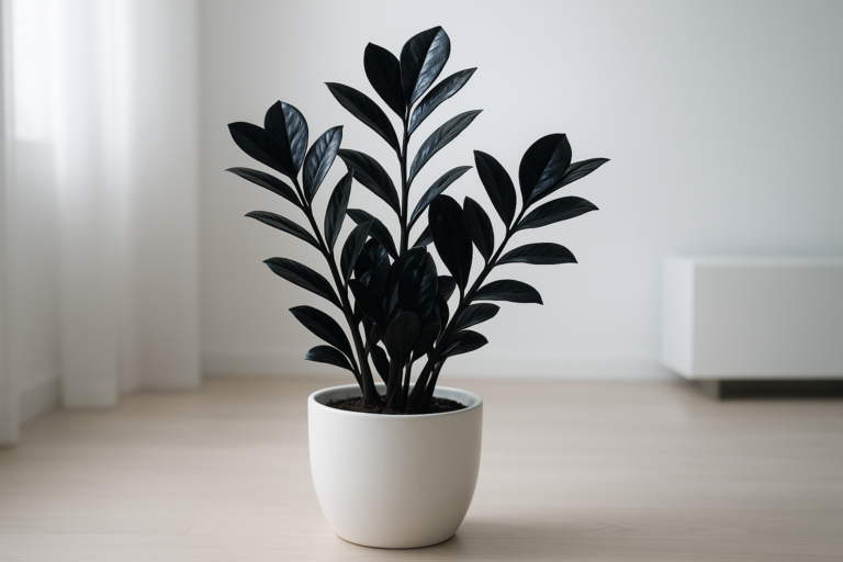 Zamioculcas Raven w jasnej doniczce, czarne liście na tle minimalistycznego wnętrza