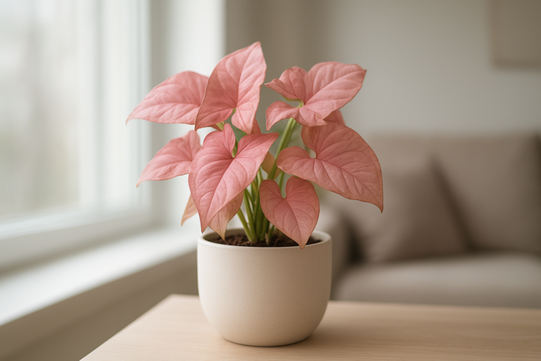 Syngonium Pink o intensywnie różowych liściach na jasnym parapecie