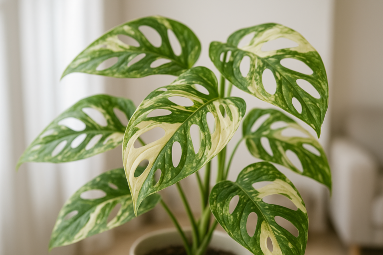Liście Monstera Adansonii Variegata z charakterystycznymi białymi i kremowymi przebarwieniami, w jasnym mieszkaniu