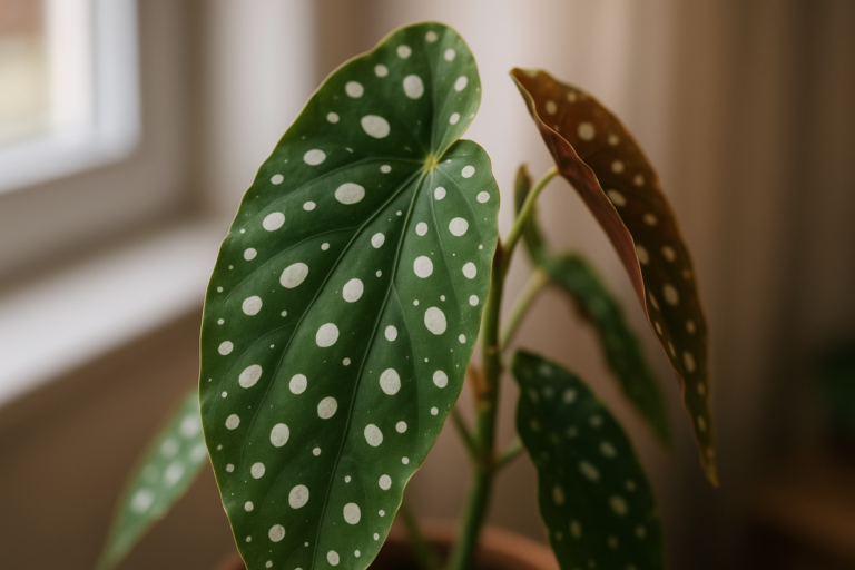Begonia Maculata z wyraźnymi białymi kropkami na liściach jako ozdoba wnętrza