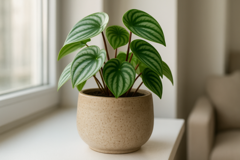 Peperomia Watermelon w doniczce na parapecie – liście przypominające skórkę arbuza