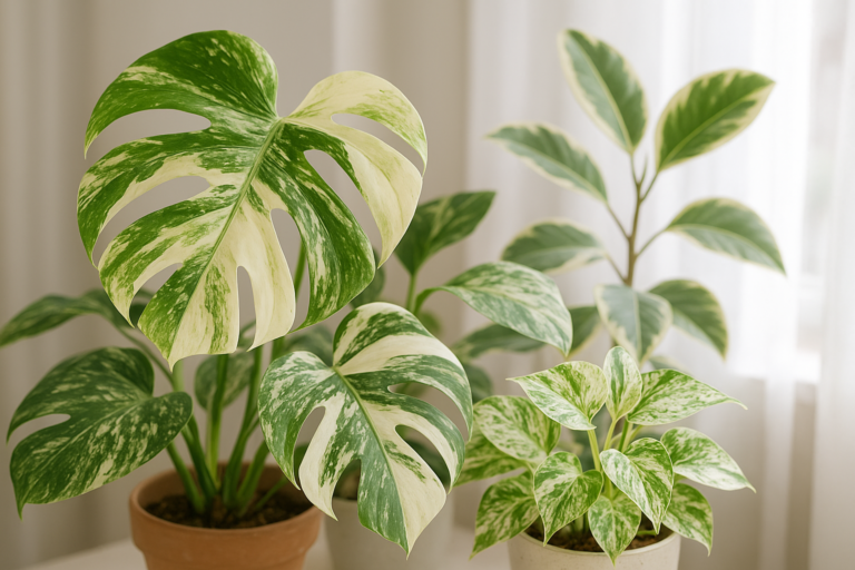 Liście roślin variegata – monstera, epipremnum i fikus – z wyraźnymi białymi oraz zielonymi plamami w domowym wnętrzu