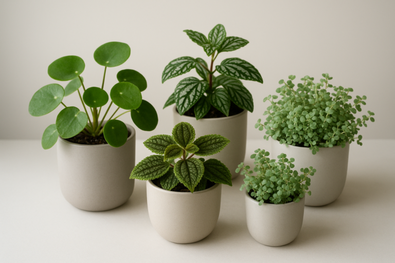 Różne odmiany Pilea w dekoracyjnych doniczkach na jasnym tle – zbliżenie na liście i pokrój roślin.