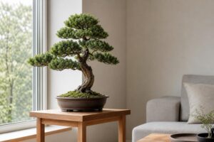 wygenerowane przez AI - Zdrowe bonsai ustawione przy jasnym oknie w mieszkaniu