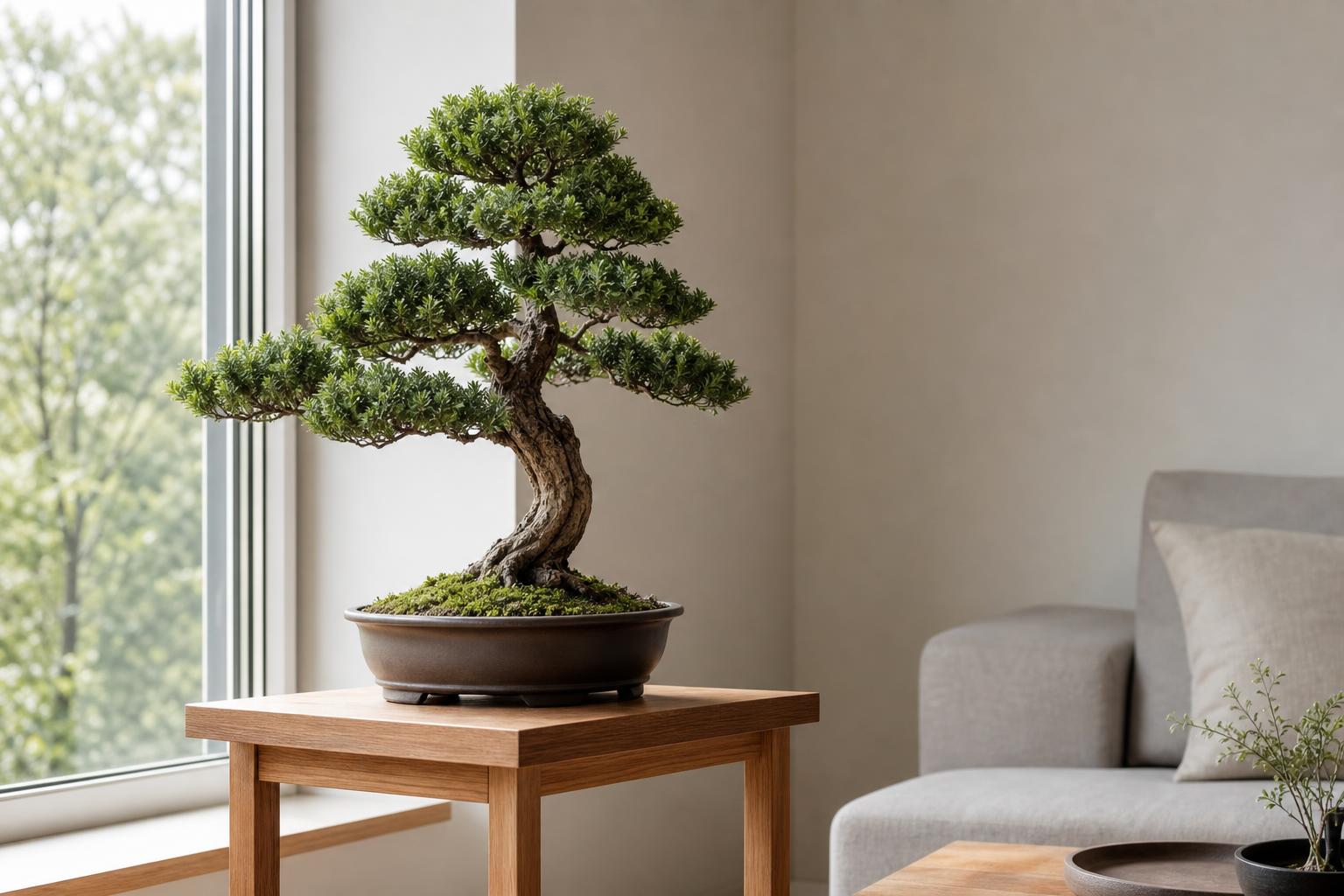 wygenerowane przez AI - Zdrowe bonsai ustawione przy jasnym oknie w mieszkaniu