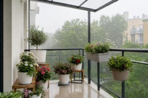 wygenerowane przez AI - Rośliny balkonowe zabezpieczone przed deszczem pod przezroczystym daszkiem