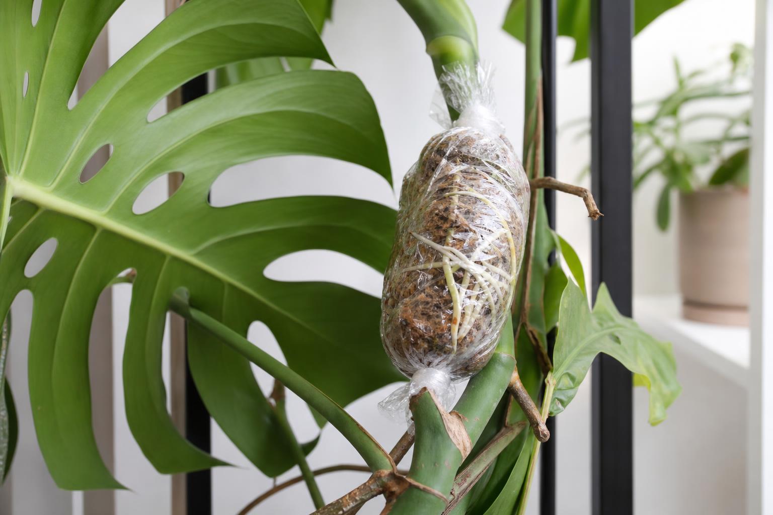 wygenerowane przez AI - Monstera rozmnażana metodą cięcia powietrznego z mchem sphagnum i młodymi korzeniami