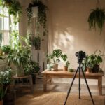 wygenerowane przez AI - Zielone studio fotograficzne z roślinami doniczkowymi w mieszkaniu