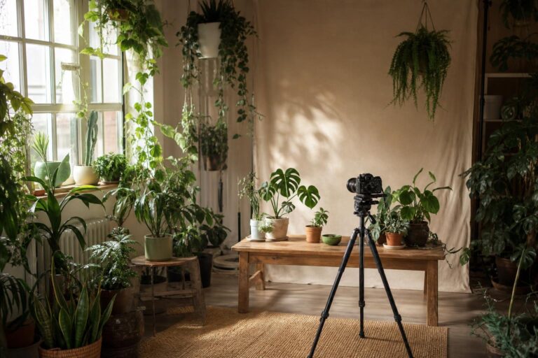 wygenerowane przez AI - Zielone studio fotograficzne z roślinami doniczkowymi w mieszkaniu